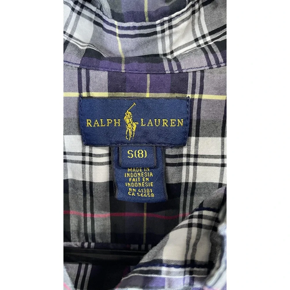 Ralph Lauren Shirt Boys Small 8 Purple Plaid Button Down Long Sleeve Casual‎